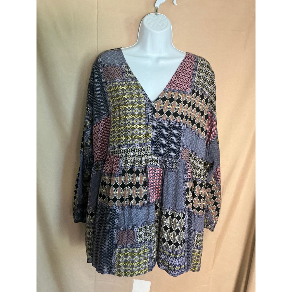 Ellos Tunic Top Womens 20 Multicolor Excellent Boho Patchwork V-Neck Babydoll